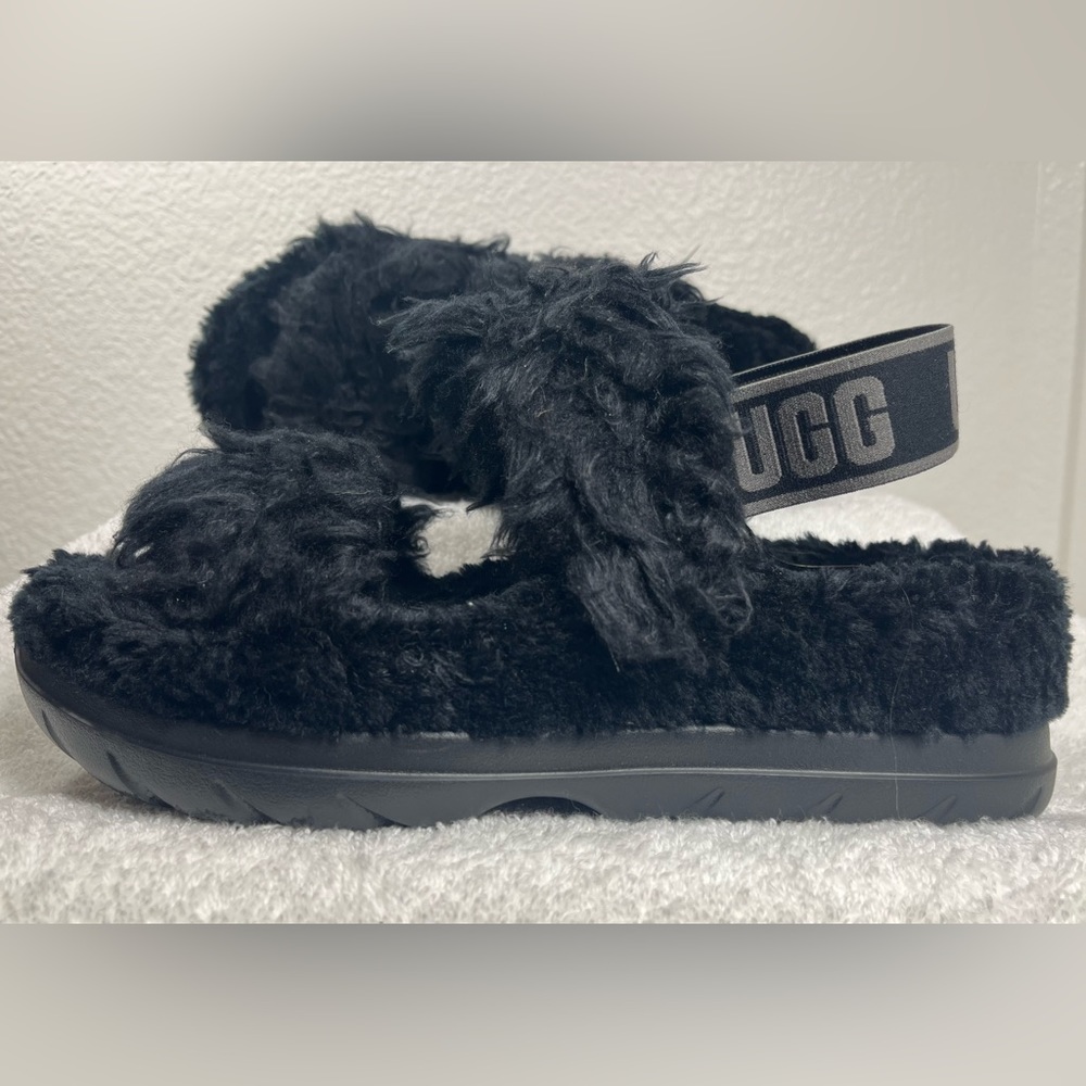 UGG Fluff Sugar Furry Slipper Sandal Slides - Black & Grey - Women’s Size 9